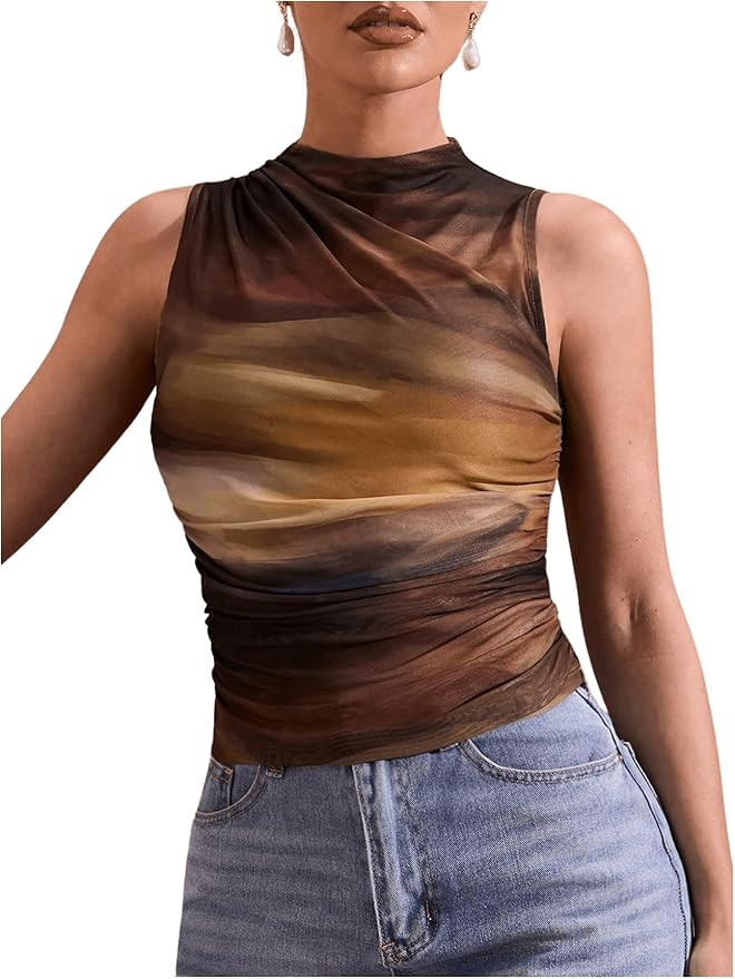 GORGLITTER Women's Sleeveless Mock Neck Tops Tie Dye Ruched Tank Top Going Out Tops | Amazon (US)
