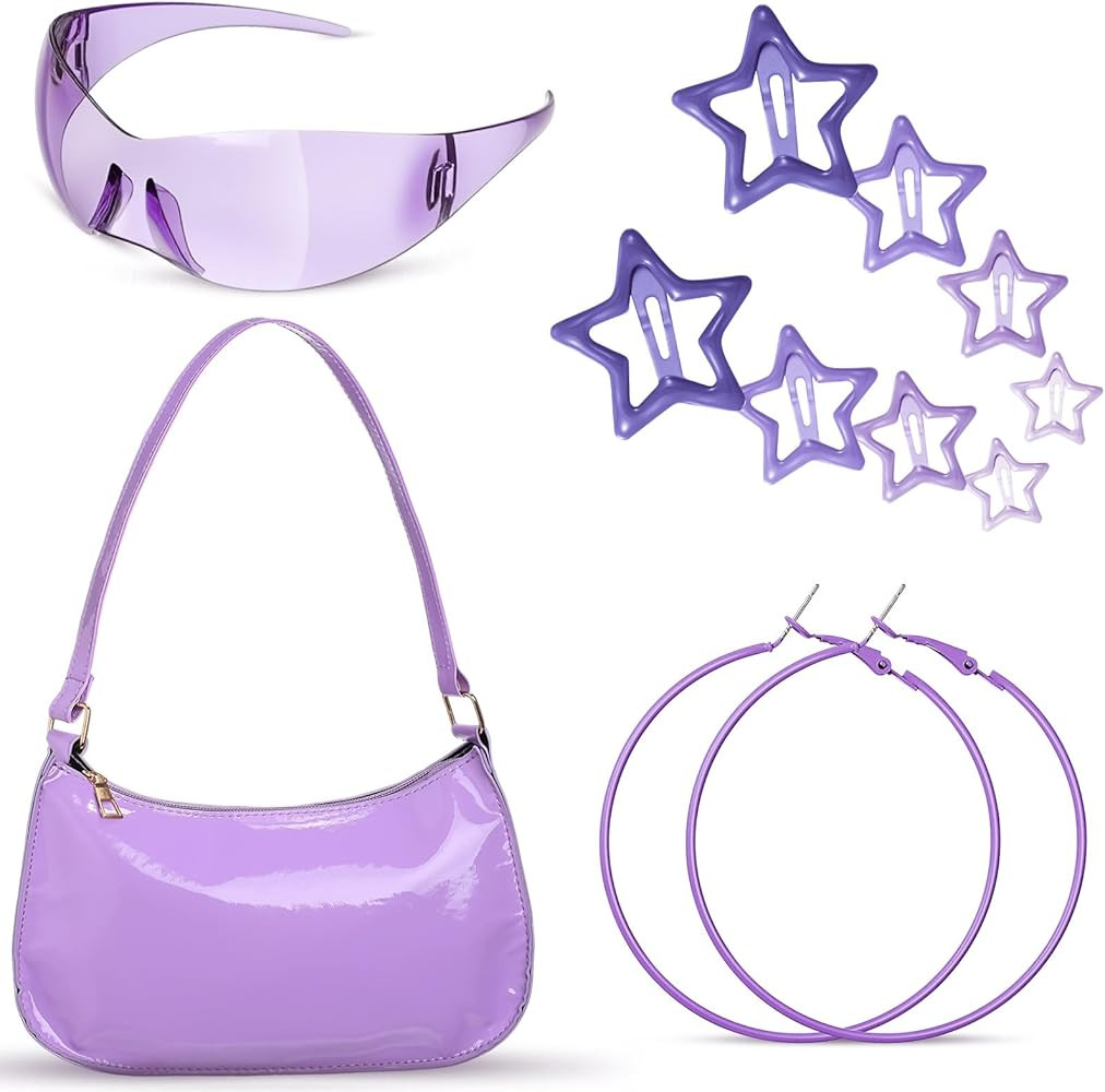 12 Pcs Y2k Accessories Set Patent Leather Shoulder Bag 2000s Sunglasses Circle Earrings Star Clip... | Amazon (US)