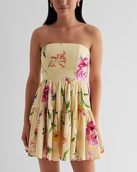 Floral Strapless Tiered Poplin Mini Dress | Express