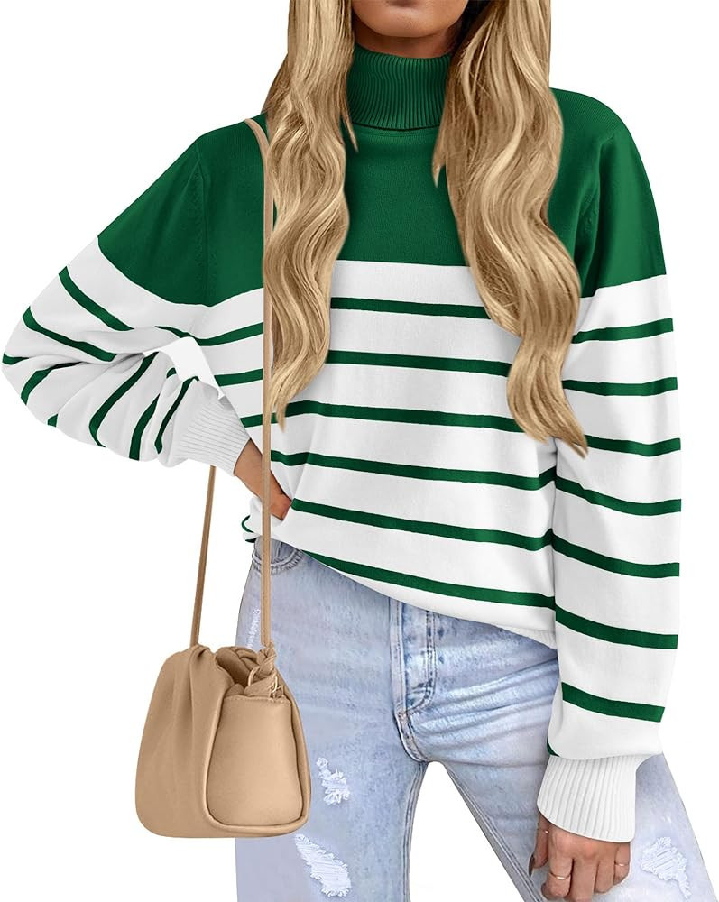 KIRUNDO Women's 2023 Fall Winter Turtleneck Knitted Sweater Long Sleeve Striped Color Block Loose... | Amazon (US)