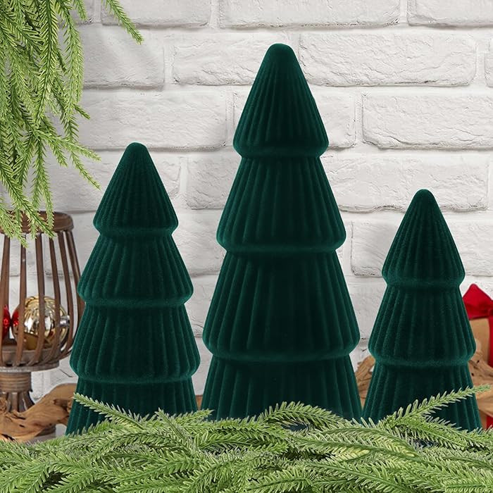 JOICEE Christmas Decorations Indoor, 3 Pcs Velvet Ceramic Christmas Trees Green Modern Cone Table... | Amazon (US)