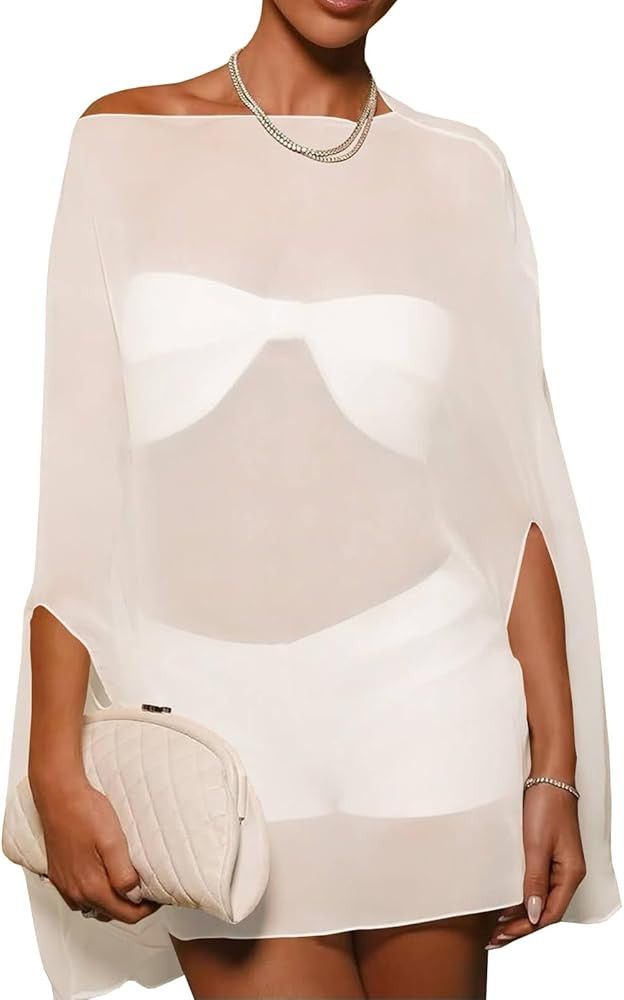 Yousify Cover Ups Off Shoulder Swimwear Summer See Through Beachwear Coverup Batwing Poncho Shawl... | Amazon (US)