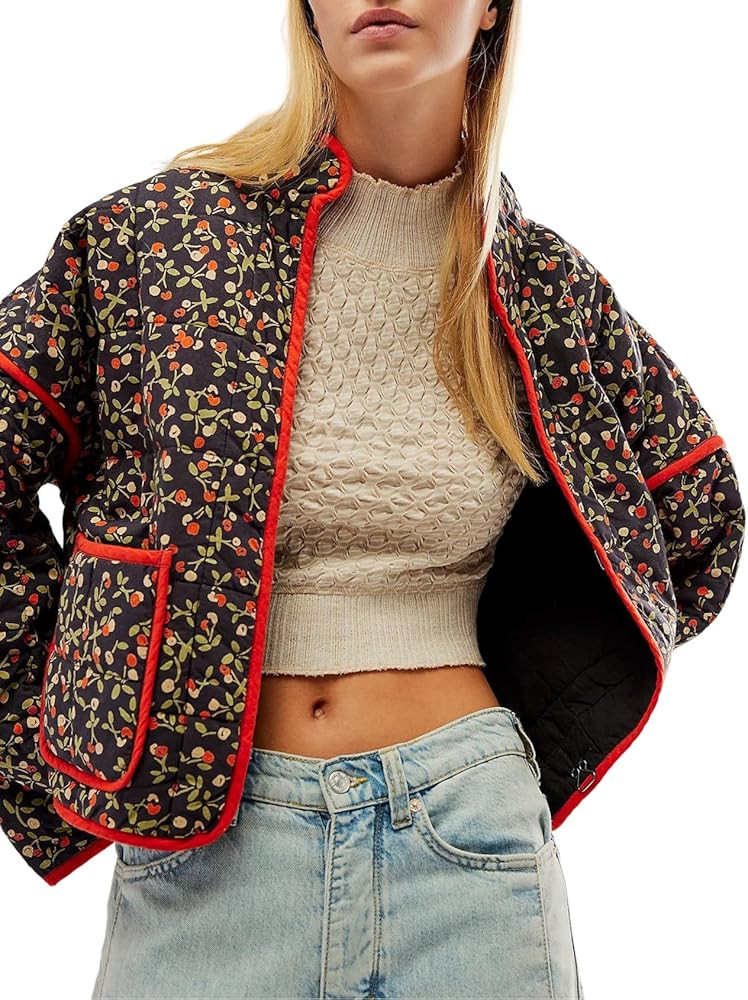 Wyeysyt Women's Cropped Puffer Jacket Lightweight Floral Print Long Sleeve Padded Quilted Puffy C... | Amazon (US)