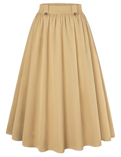 Belle Poque Women Vintage Style A-Line Skirt Mid-Calf Length Fall Winter Versatile Pleated Swing Skirts Khaki M | Amazon (US)