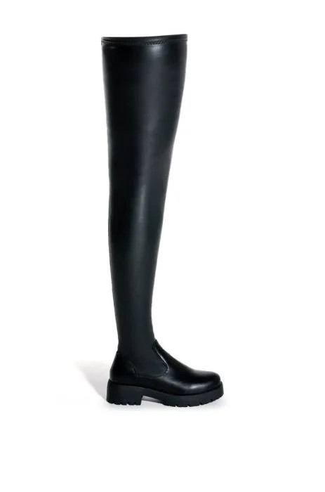 **SLIM FIT** AZALEA WANG SURGICAL FLATFORM BOOT WITH 4 WAY STRETCH IN STRETCH PU in black | AKIRA