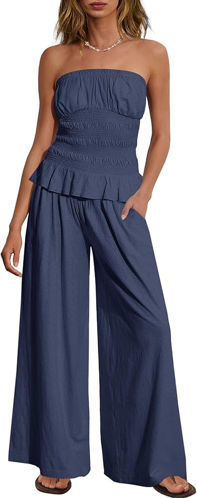 Yanekop Womens Two Piece Lounge Set Strapless Tube Top Pants Sets 2 Piece Outfits Summer Vacation... | Amazon (US)