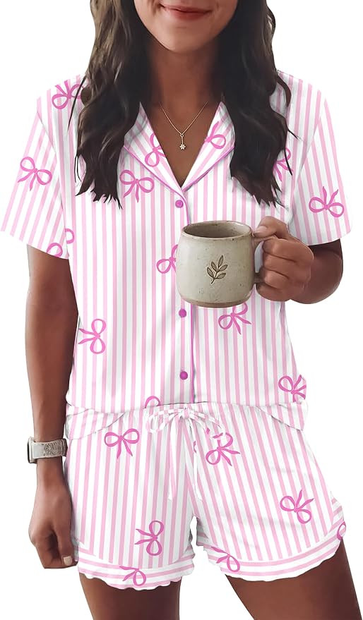 Ekouaer Womens Pajama Sets Button Down Short Sleeve Top and Shorts Cute Ruffled Pjs Sets Sleepwea... | Amazon (US)