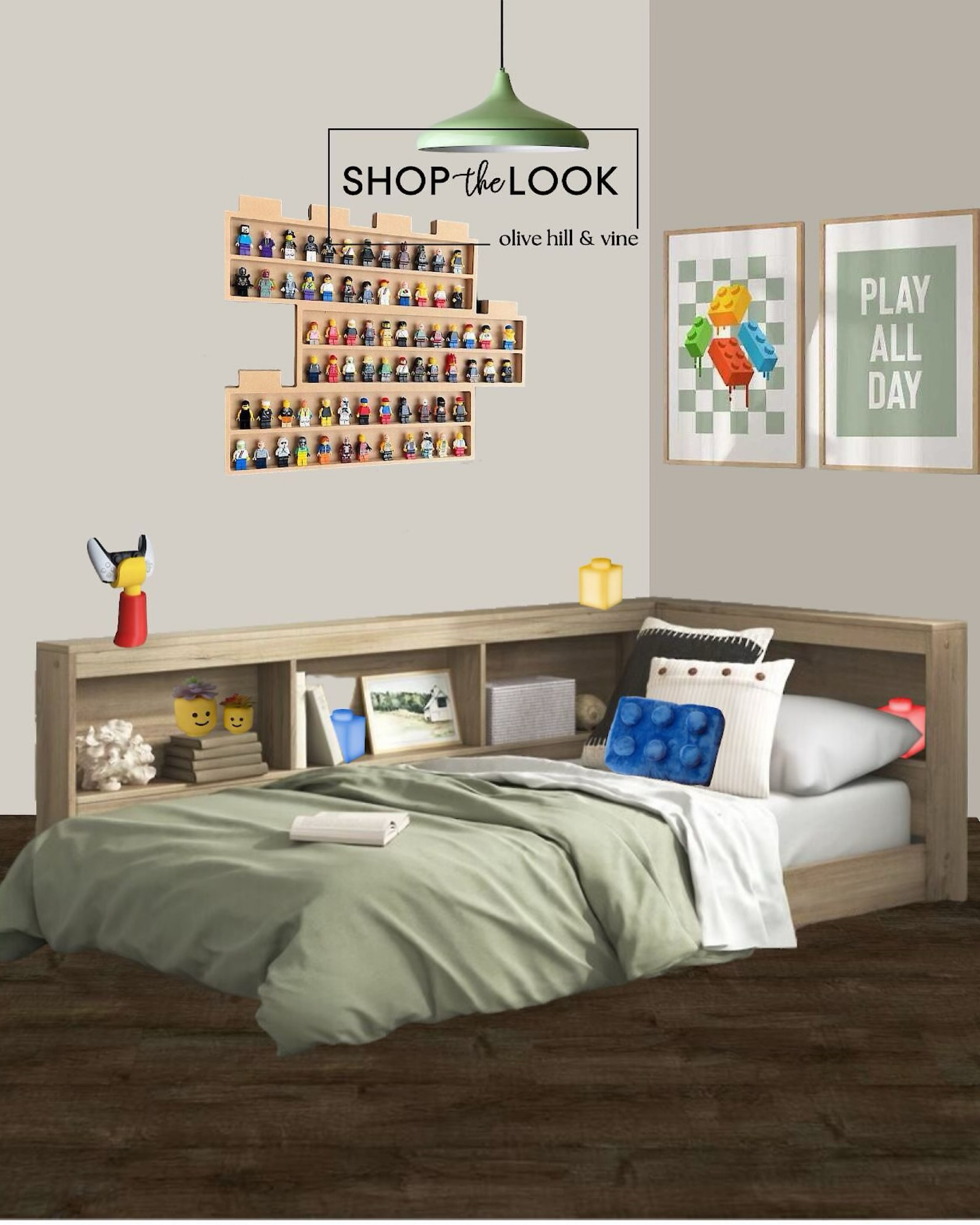 Give your tween or teen a stylish LEGO-themed bedroom that balances fun and function. Soft green tones, a platform bed with a built-in bookcase, LEGO head planters, a game controller stand, and a brick pillow add personality. Silicon brick night lights and block art complete this fresh, timeless space. 

#LTKKids #LTKFamily #LTKHome