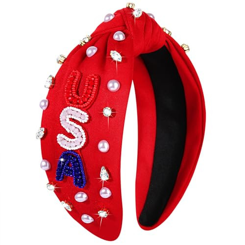 CEALXHENY Crystal Pearl Knotted Headbands - Patriotic Hair Accessory for Women, American Flag Outfits for Independence Day, Memorial Day Party Favors (USA-Red) | Amazon (US)