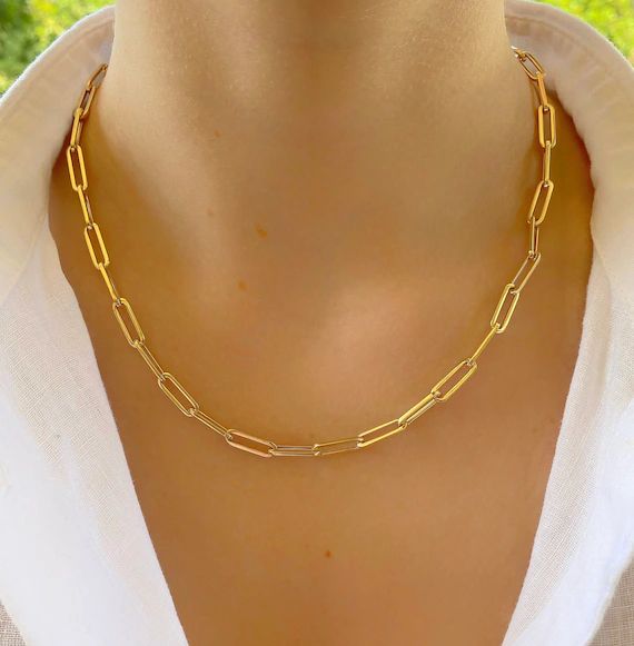 14k Yellow Gold Rectangular Link Chain| 14k Gold Paper Clip Chain Necklace| Yellow Gold Paper Cli... | Etsy ROW