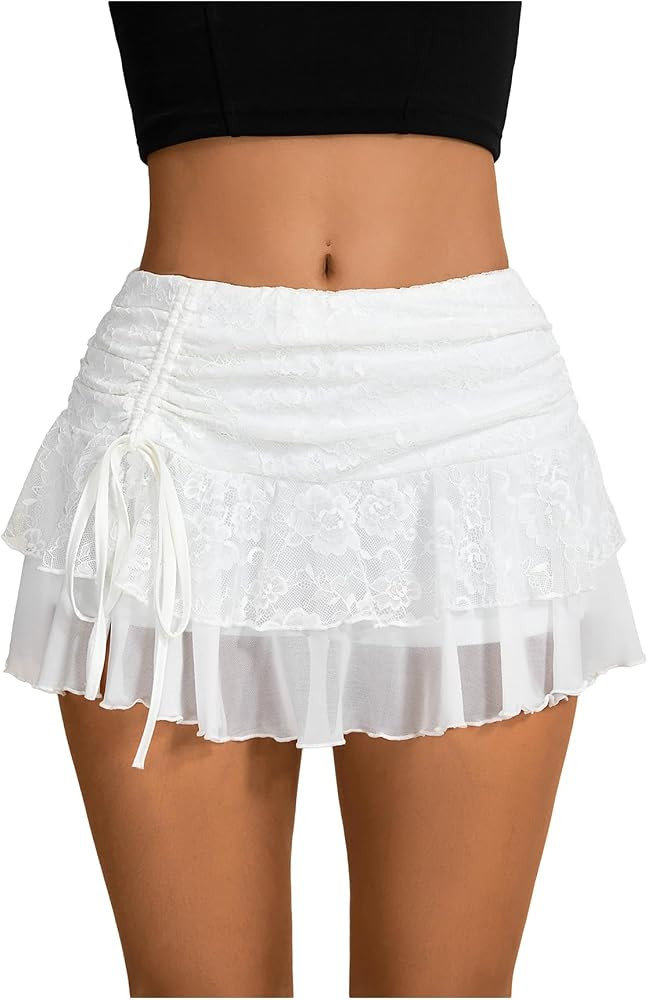 Verdusa Women's Y2k Elastic Waist Lace Mesh Layered Ruffled Mini Skirt Skort | Amazon (US)