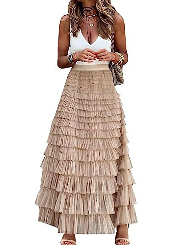 Gratoryna Womens Long Maxi Tulle Skirt A Line Ruffle Mesh High Waisted Tiered Layered Skirts Petticoat(Khaki-XLarge) | Amazon (US)