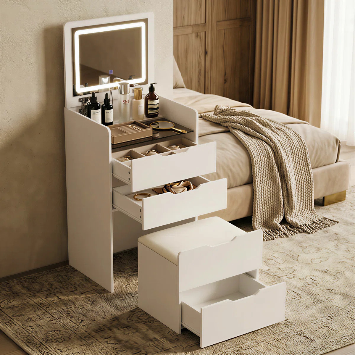 3 In 1 Vanity Desk With Flip Top Mirror And Comfortable Bench | Wayfair North America