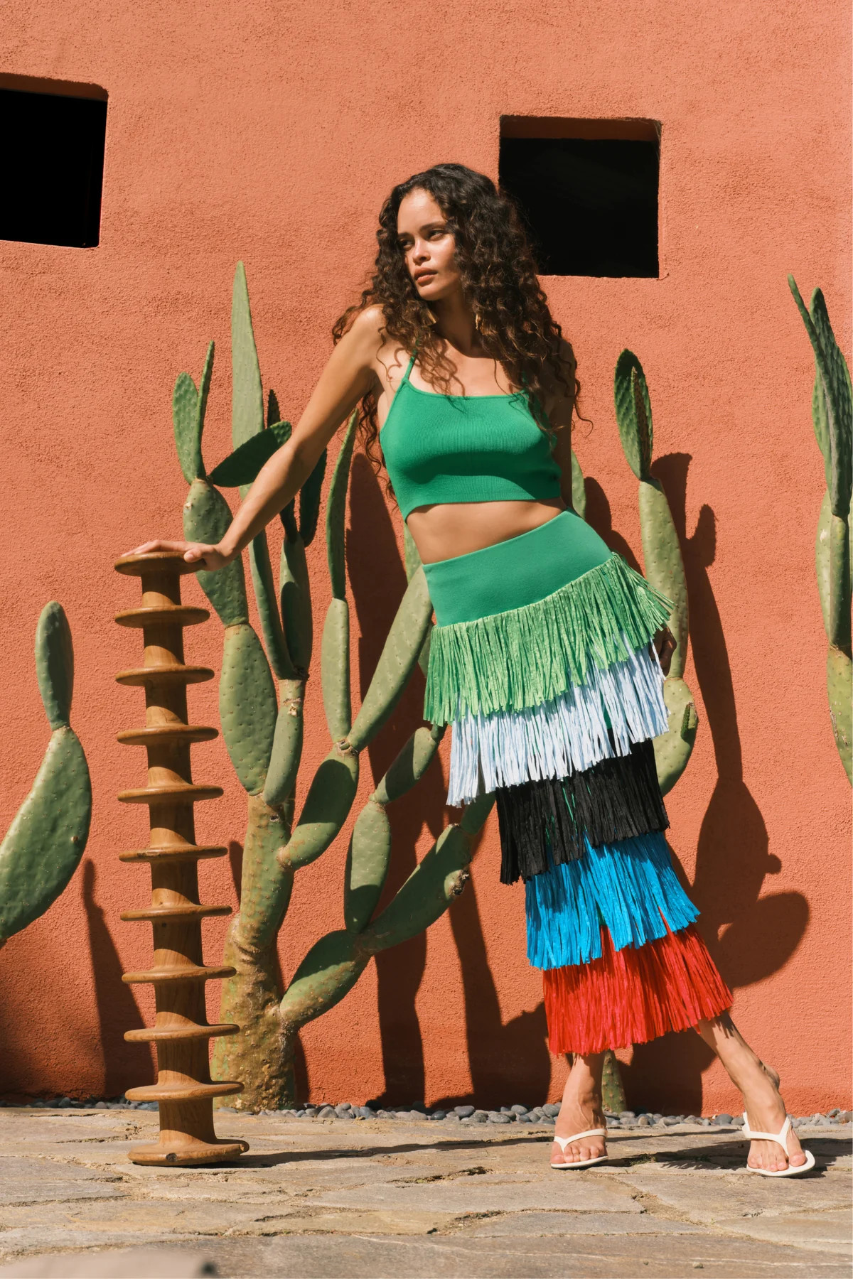 Dio Fringe Knit Skirt In Grass Green Multi | Simon Miller