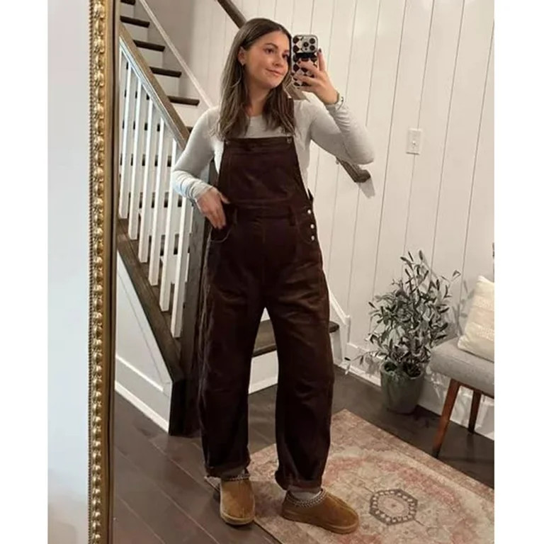 PUWEI Women's Corduroy Overalls Wide Leg Barrel Jeans Adjustable Straps Bib Romper with Pockets | Walmart (US)