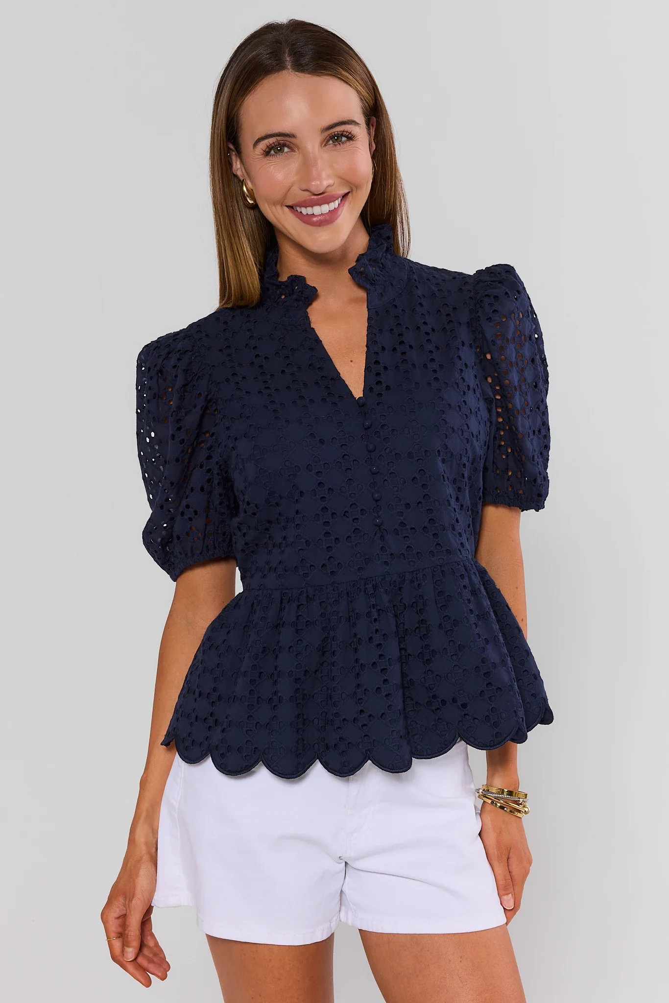 Navy Eyelet Peplum Short Sleeve Top | Avara