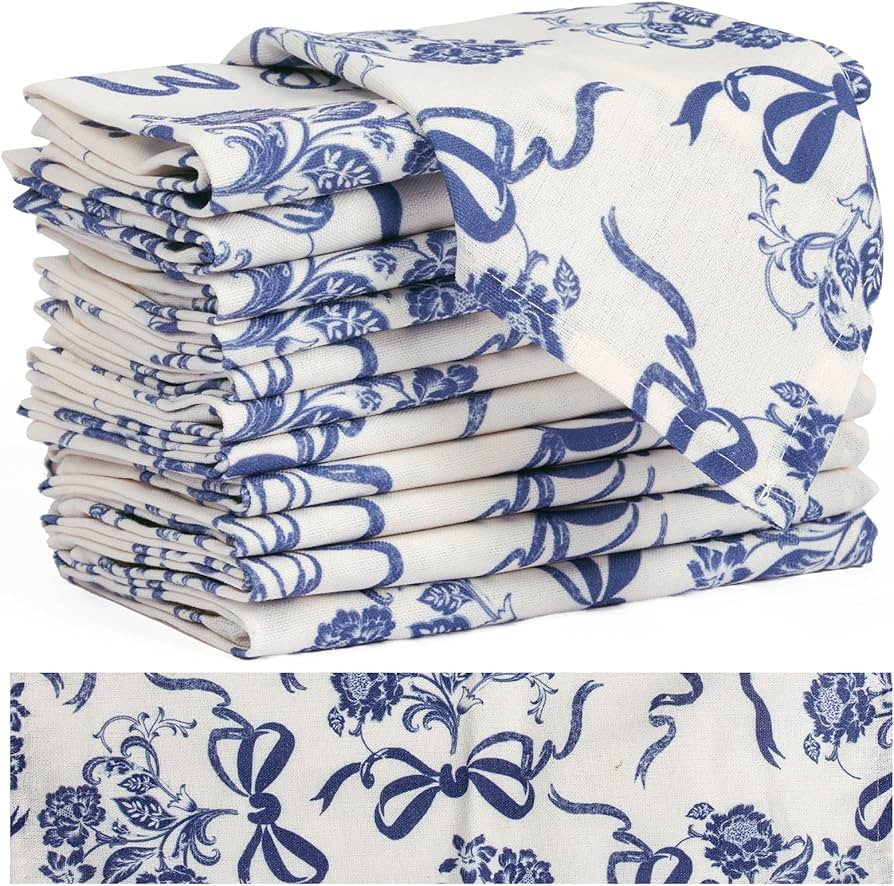 Blue Bow Cloth Napkins Set of 12 with Vintage Floral, Linen Cotton Dinner Napkins for French Coun... | Amazon (US)