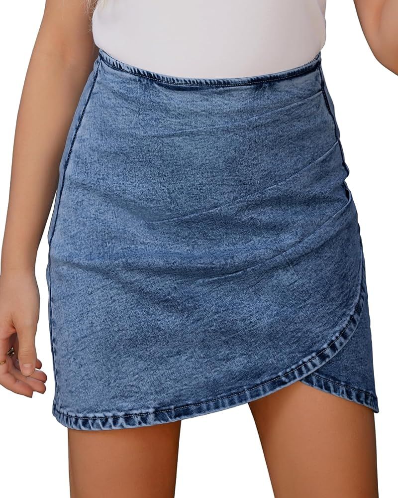 Vetinee Women's Tulip Hem Shirred Washed Casual Bodycon Short Jean Denim Skirt | Amazon (US)