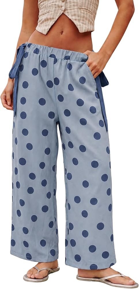 Gozoloma Women's Polka Dot Wide Leg Pants Elastic Waist Side Tie Contrast Detail with Pockets Cas... | Amazon (US)