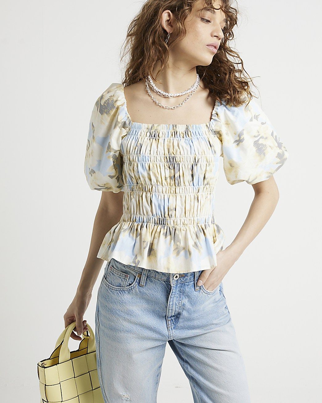 Yellow floral shirred top | River Island (UK & IE)