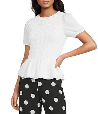 Smocked Crew Neck Ruffle Short Sleeve Peplum Top | Dillard's