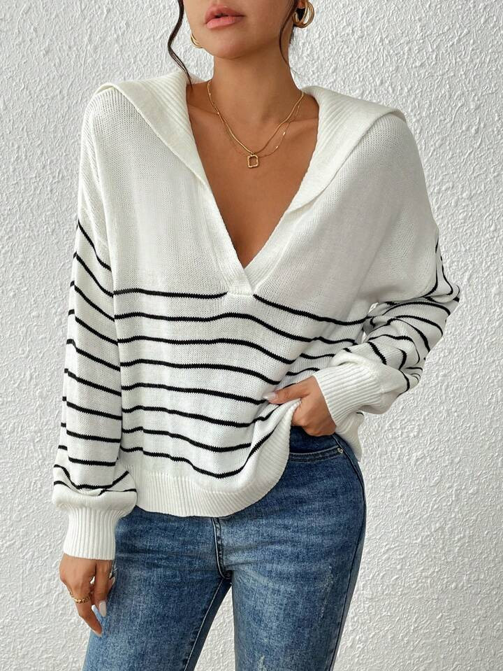 SHEIN VCAY Stripe Pattern Sailor Collar Drop Shoulder Sweater | SHEIN