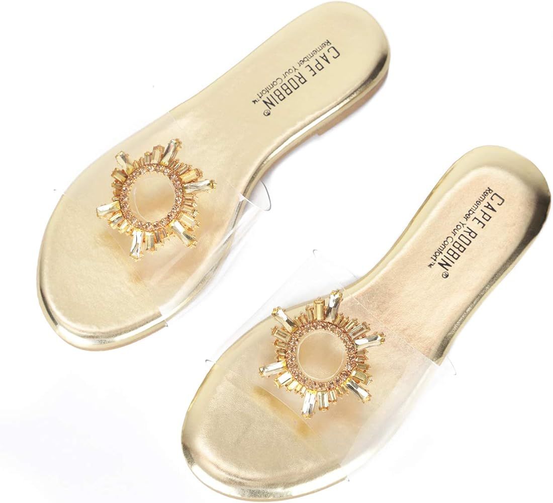 Cape Robbin Frozen Jeweled Sandals Flat Slides for Women, Transparent Womens Mules Slip On Shoes ... | Amazon (US)
