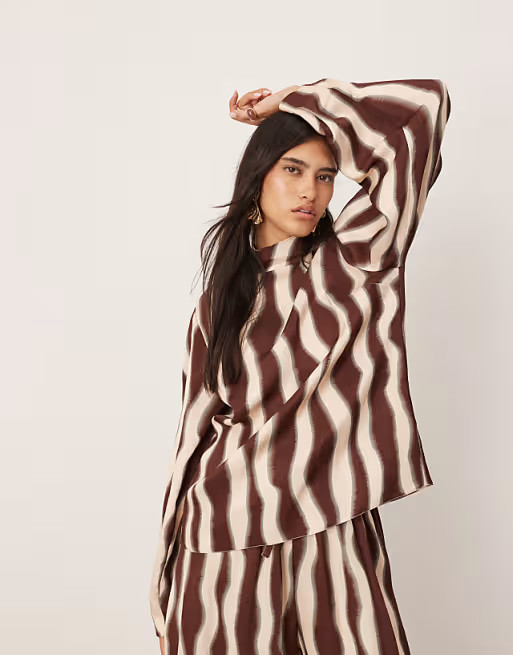 ASOS EDITION high neck oversized top in chocolate wavy print - part of a set | ASOS (Global)
