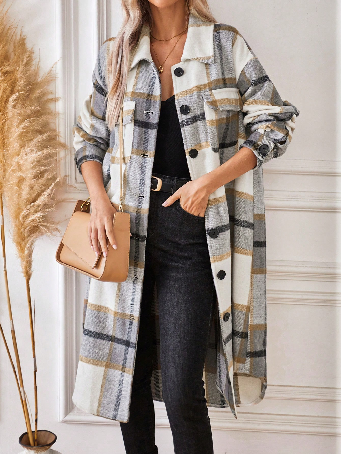 SHEIN Essnce Plaid Long Sleeve Woolen Jacket | SHEIN