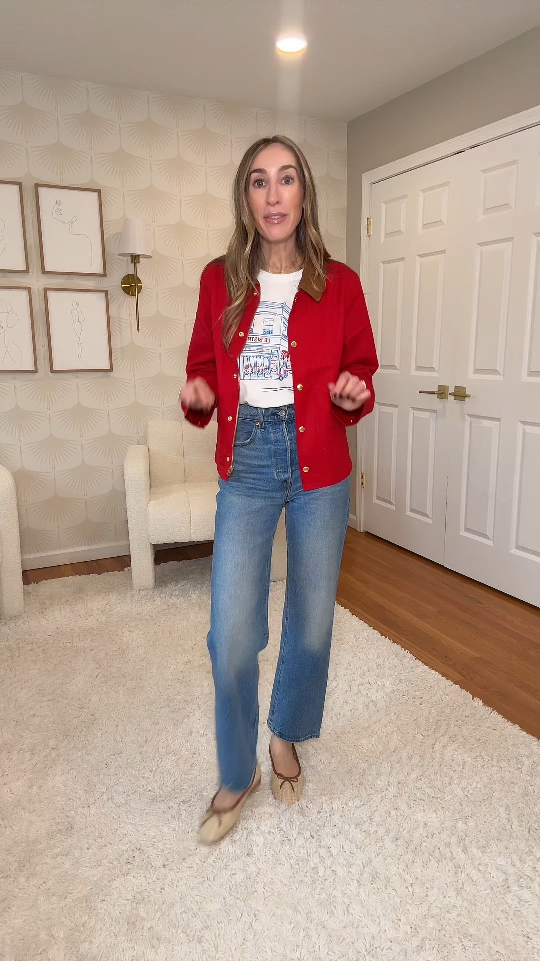 Everything from my jcrew factory try on linked here! 
Sizing info:
Jacket: XS
Tee: S
Flats: 8.5 (true to size)
Linen pants: 0 

#LTKootd