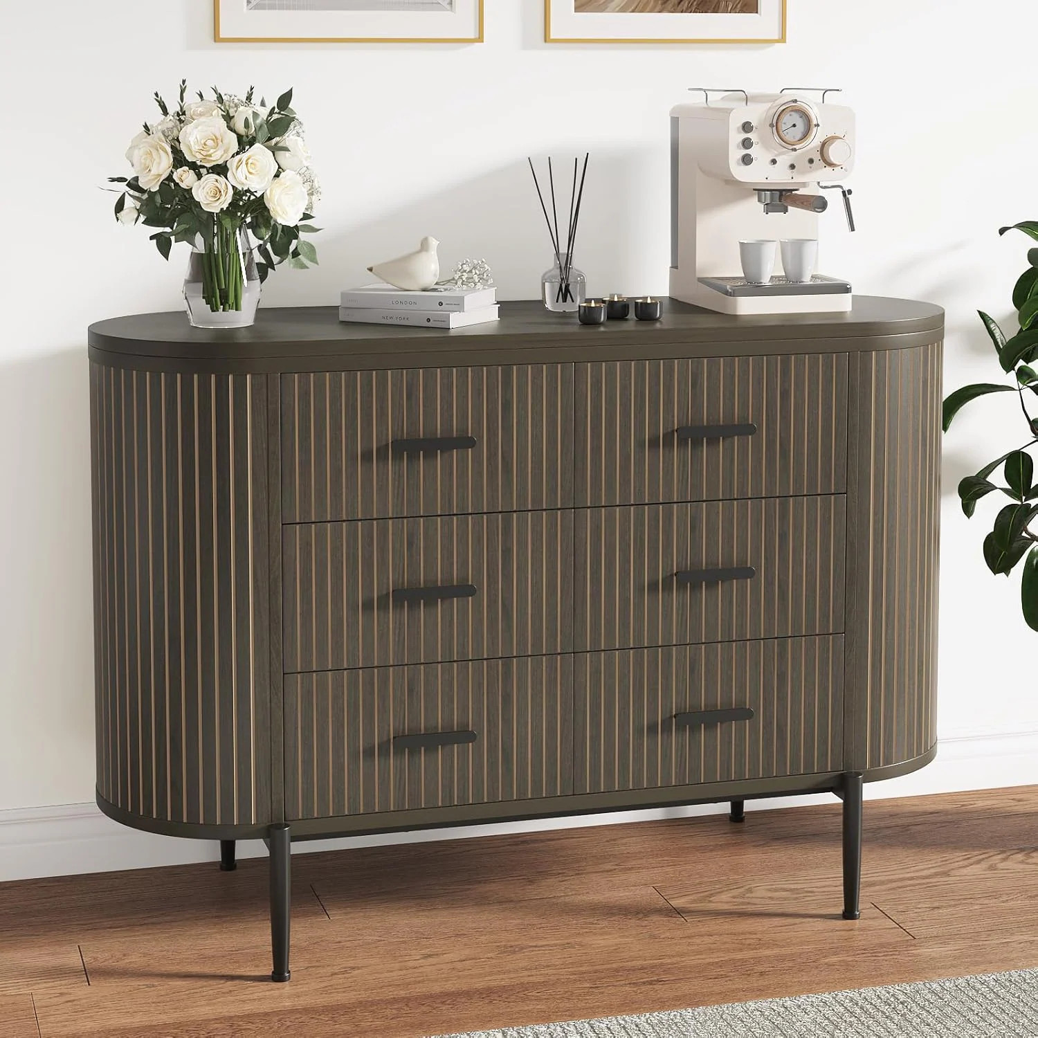 Garvee Fluted 6 Drawer Dresser for Bedroom 59in Large Mid Century Modern Wooden Chest Dresser TV Stand with Curved Profile Design and Gold Handles | Lowe's