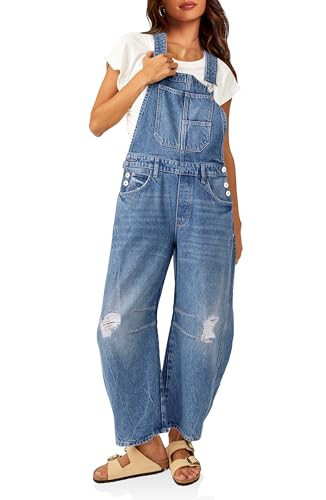 PLNOTME Womens Denim Bib Overalls Barrel Leg Adjustable Strap Jean Pants Ripped Distressed Jumpsuits with Pockets | Amazon (US)
