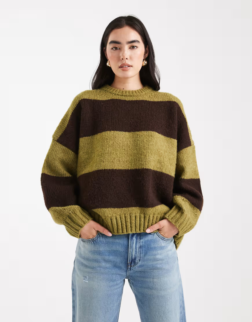 ASOS DESIGN oversized stripe crew neck sweater in olive and chocolate-Green | ASOS (Global)