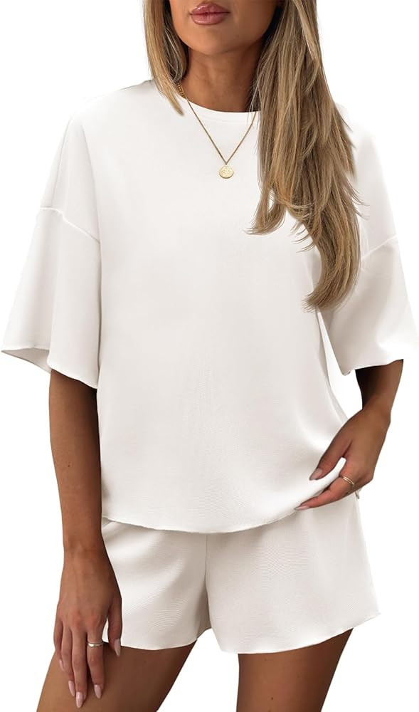 Tankaneo Womens Lounge Set 2 Piece Outfits Wallfe Knit Short Sleeve T-shirts Tops and Shorts Summ... | Amazon (US)