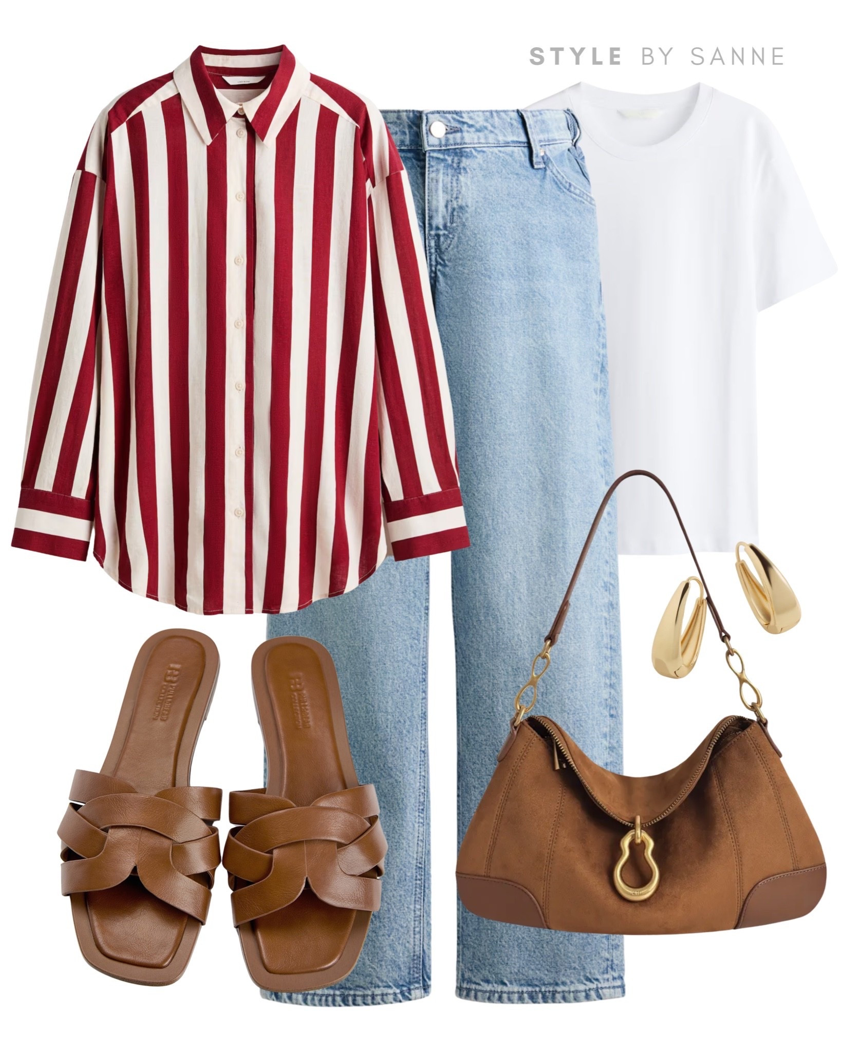 A bold red-and-cream striped shirt brings a playful pop of color to this classic denim look. Styled with a simple white tee, warm cognac accessories and gold details for an effortless outfit that feels both fresh and timeless.❤️

#LTKsummer #LTKworkwear #LTKstyletip