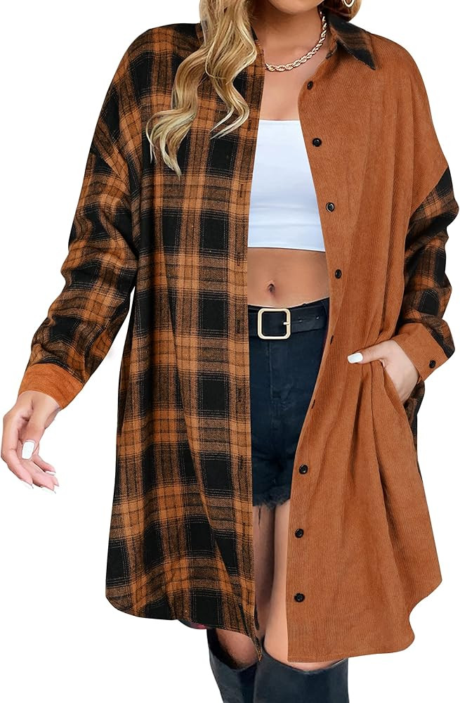 Blooming Jelly Women's Button Down Flannel Shirts Plaid Shacket Long Sleeve Collared Long Jacket ... | Amazon (CA)