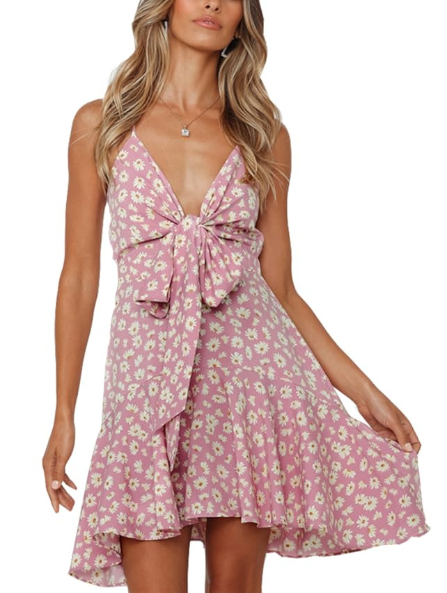 GRACEVINES Women’s Summer Spaghetti Strap V Neck Floral Smocked a Line Swing Midi Dress Sundress | Amazon (US)