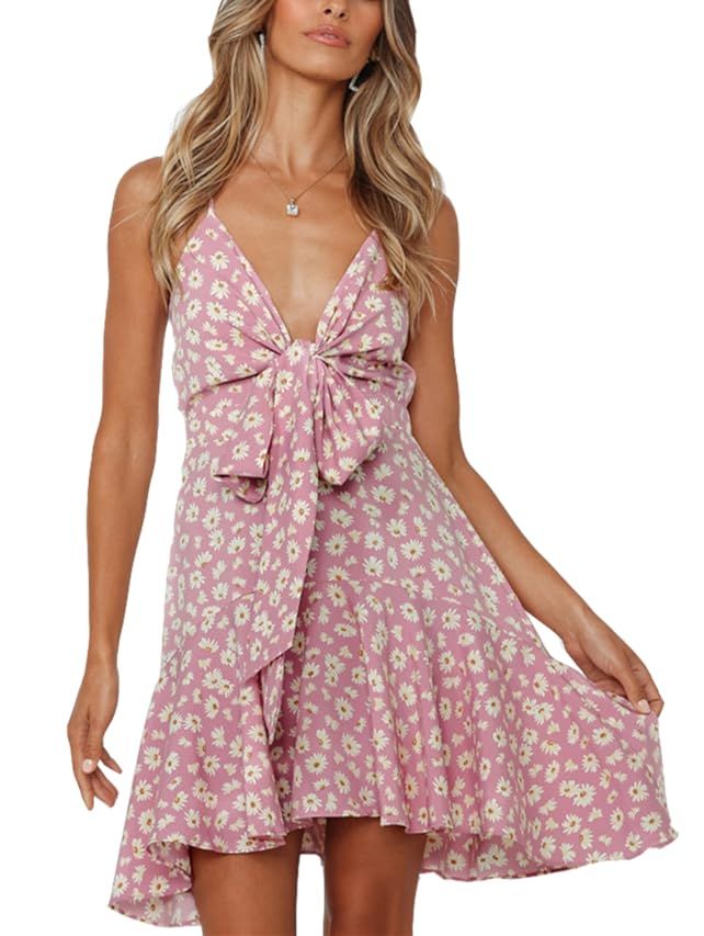 GRACEVINES Women’s Summer Spaghetti Strap V Neck Floral Smocked a Line Swing Midi Dress Sundress | Amazon (US)