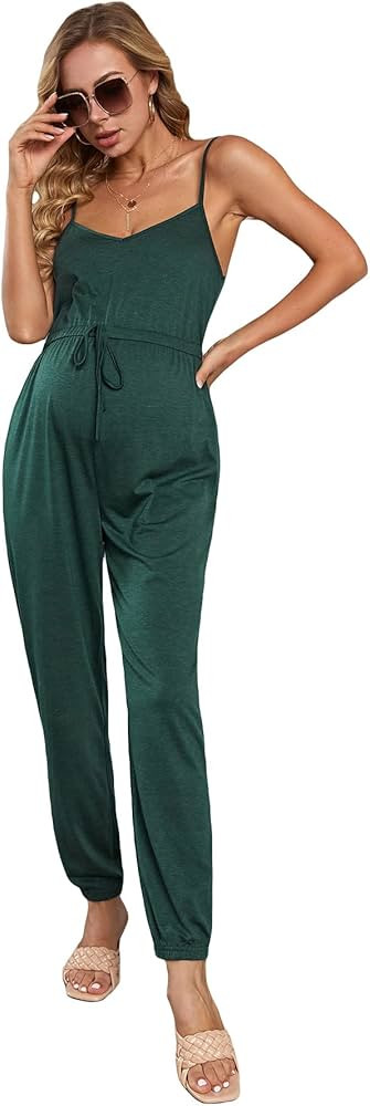 OYOANGLE Women's Maternity V Neck Adjustable Spaghetti Straps Sleeveless Knot Wide Leg Long Pants... | Amazon (US)