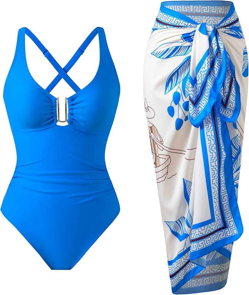One Piece Swimsuit Women with Cover Up Set Retro Bathing Suit for Women Tummy Control Beach Wrap ... | Amazon (US)