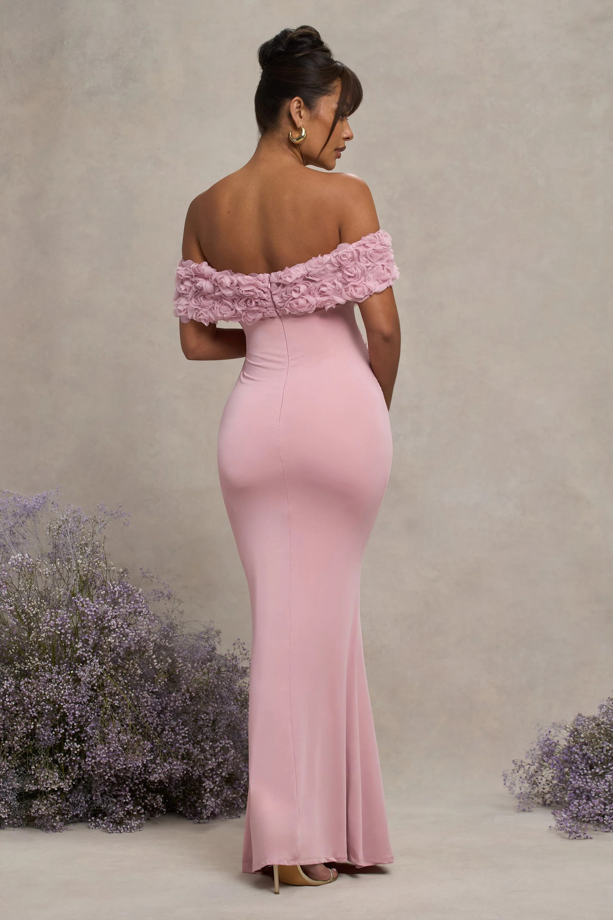 Inflorescence  Blush Pink Mesh Floral Bardot Maternity Maxi Dress | Club L London