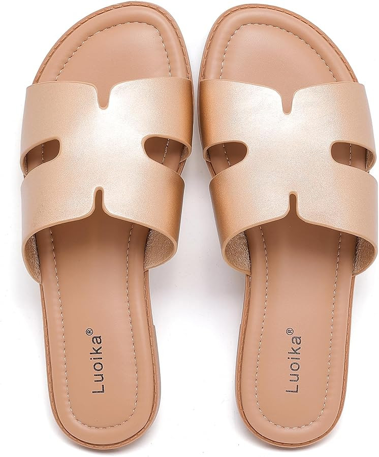 Luoika Women's Wide Width Flat Slides Sandals, Casual Comfortable Summer Beach Shoes Slip on Slid... | Amazon (US)
