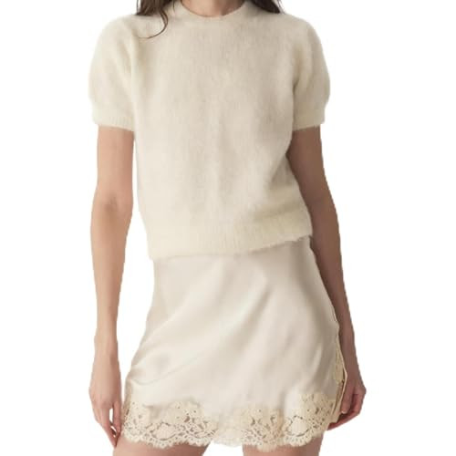 Womens Mini Lace Satin Skirts Elastic Waisted Lace Trim Half Slip Elegant Short Length Skirt | Amazon (US)