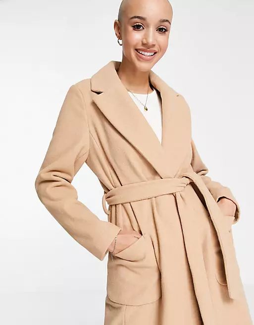 New Look belted longline coat in camel | ASOS (Global)