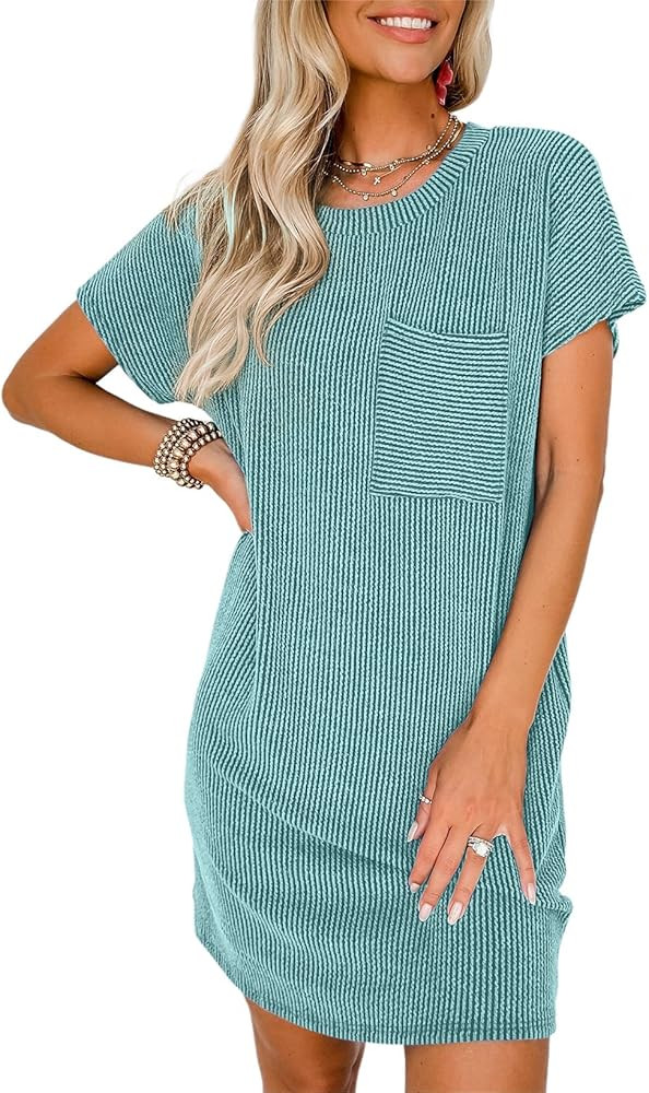 Acelitt Womens Casual Summer Crewneck Short Sleeve Ribbed Mini Tshirt Dress, XS-3XL | Amazon (US)