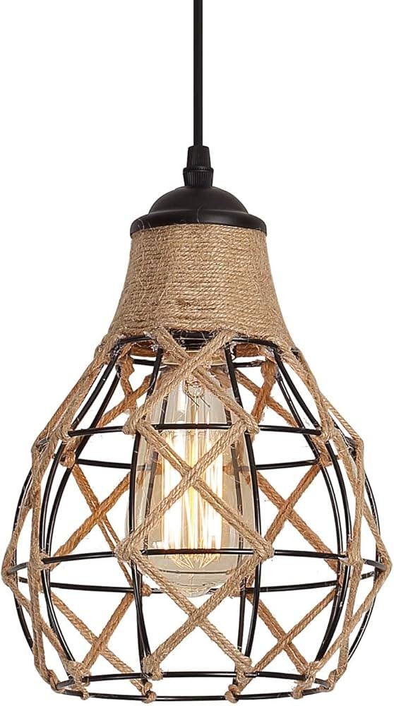 Rustic Industrial Woven Pendant Light, One-Light Adjustable Metal Hemp Rope Mini Pendant Lighting... | Amazon (US)