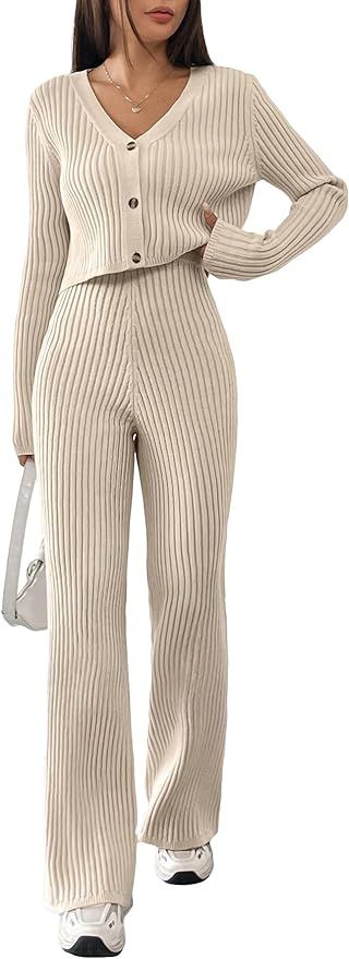 Verdusa Women's 2 Piece Outfits Button Up Cardigan with Wide Leg Knit Pant Sets | Amazon (US)