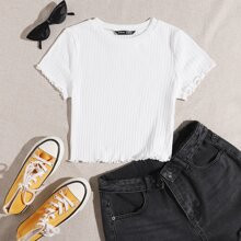 Summer Going Out Slim Fit And Short Solid Lettuce Trim RibKnit Tee | SHEIN