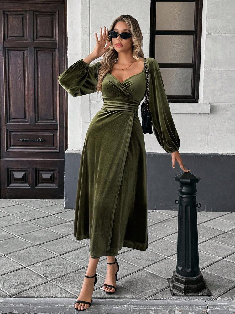 Women's Elegant Velvet Sweetheart Collar High Slit Long Sleeve Dress, Suitable For Banquet, Party... | SHEIN