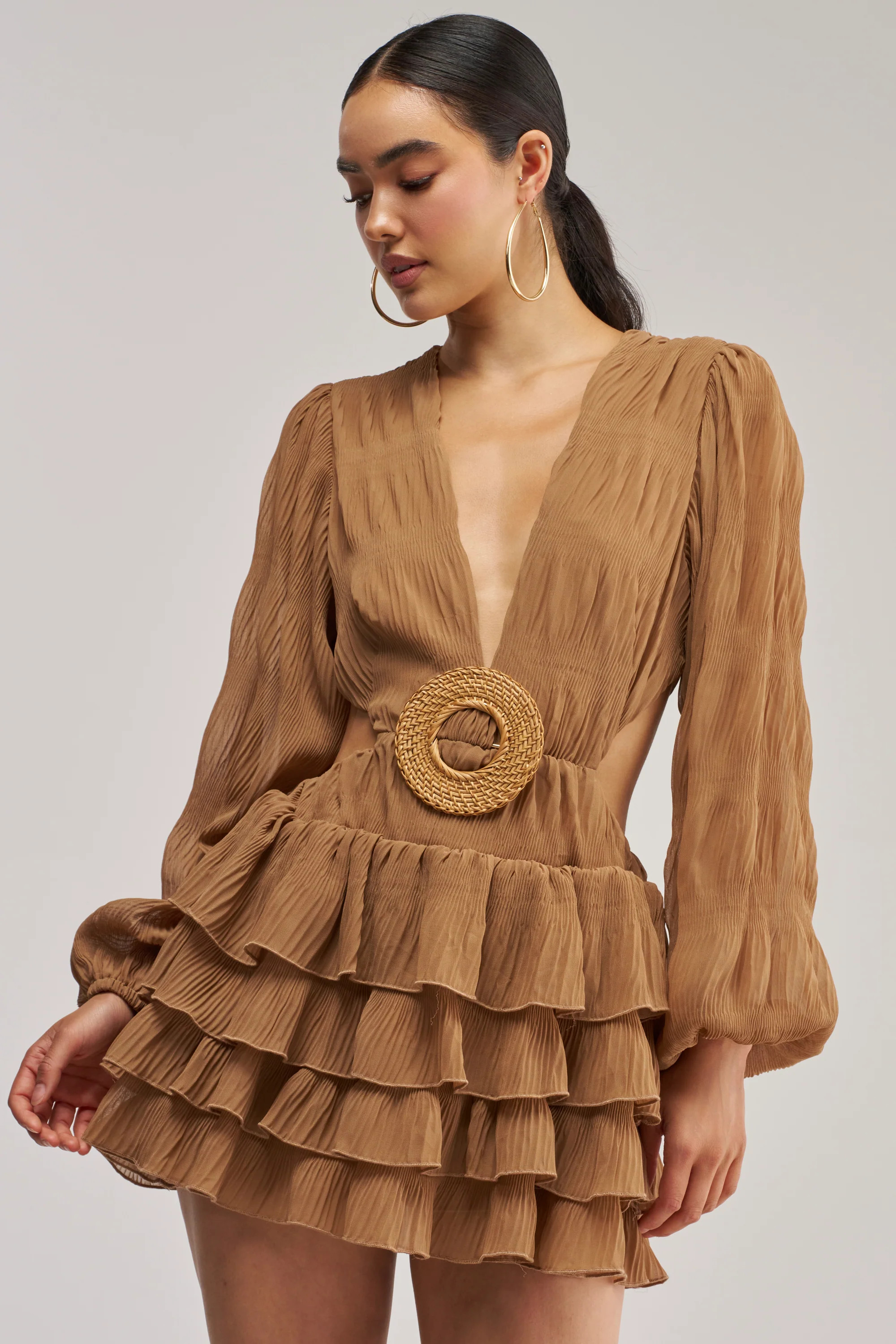 ON ISLAND TIME RUFFLED MINI DRESS IN TAUPE | AKIRA